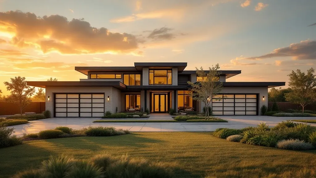 A large modern luxury home with a three-car garage on a generous lot at golden hour.