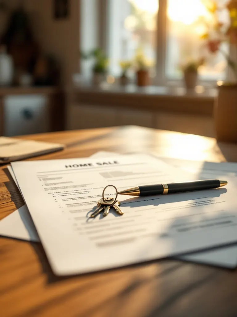 Home-sale paperwork, a pen, and a set of house keys on a warm wooden table.