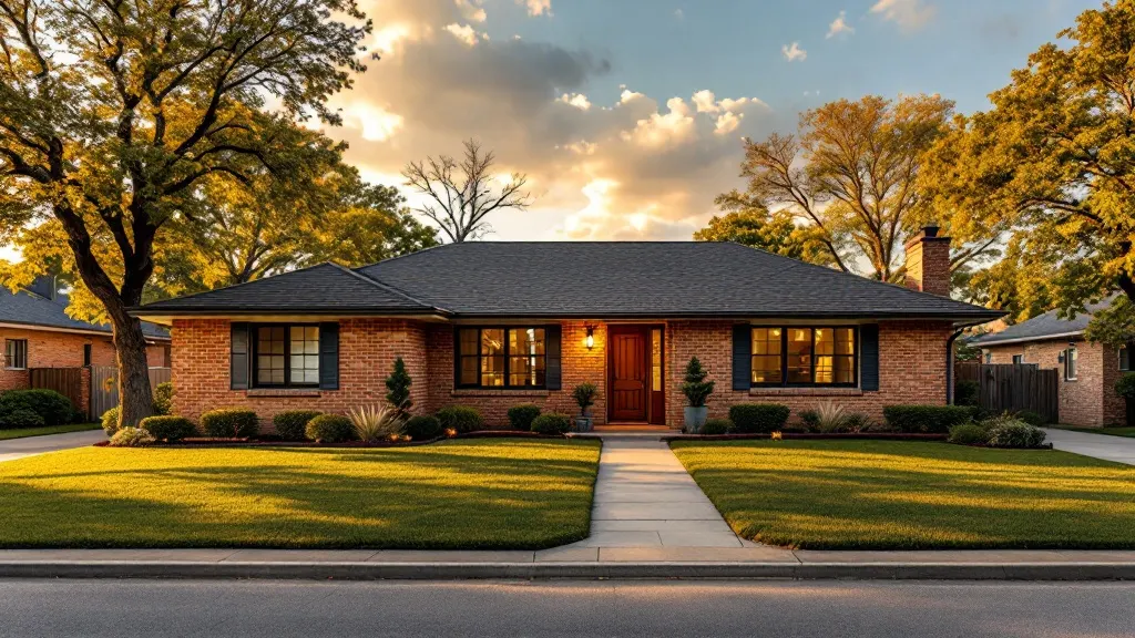 A tidy single-story brick ranch home with a neat front yard in warm daylight.