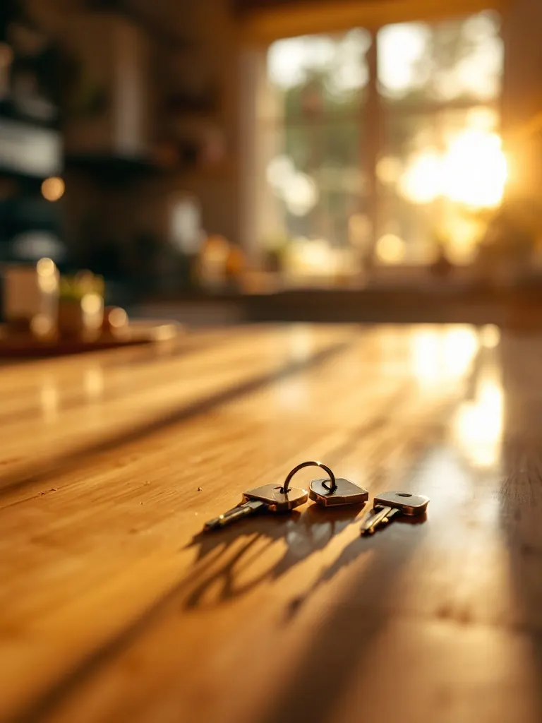 A set of house keys resting on a sunlit kitchen counter in a cozy first home.