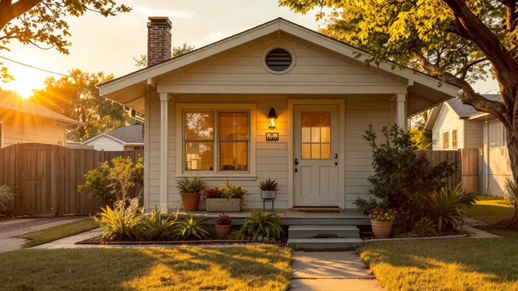 A charming smaller starter home with a welcoming covered front porch at golden hour.
