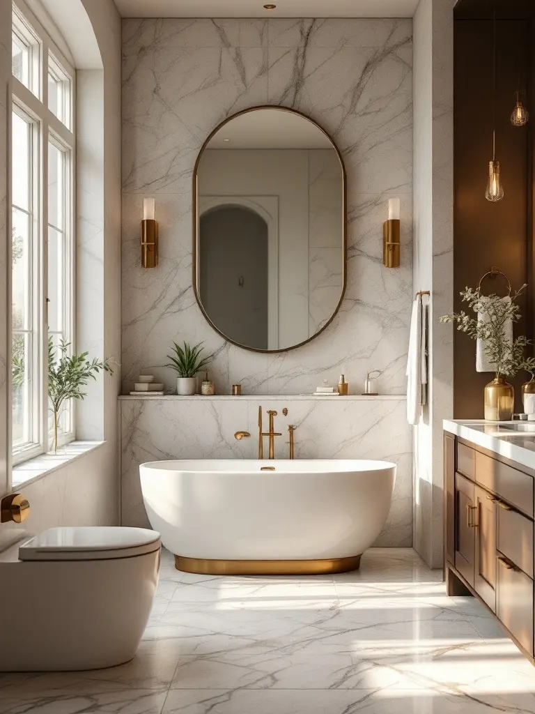 A renovated spa-like bathroom with marble surfaces, brushed-gold fixtures, a freestanding tub, and a round mirror.
