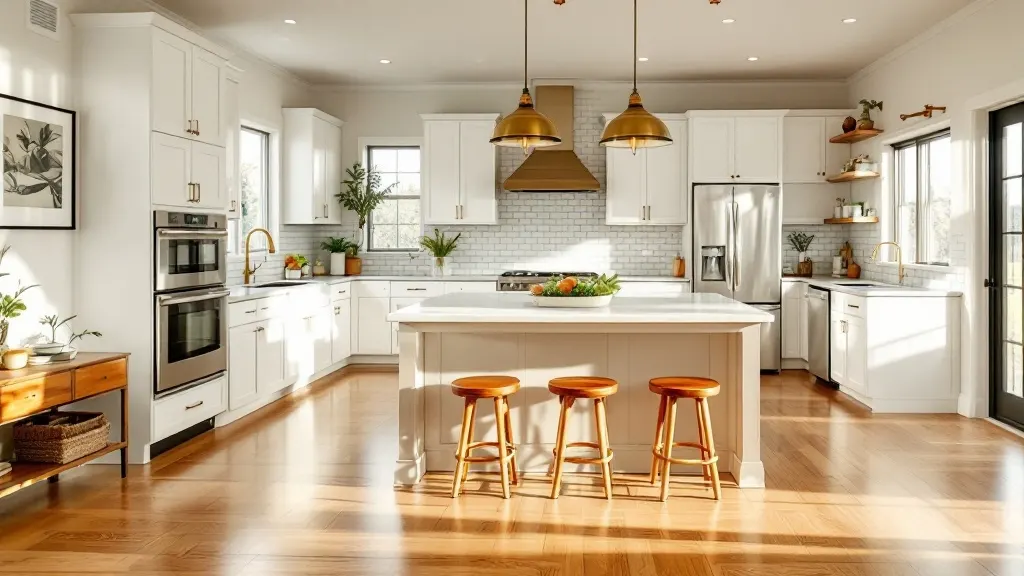 A freshly renovated bright farmhouse kitchen with white cabinets, a quartz island, and brass pendant lights.