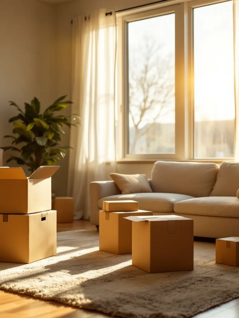 A bright, freshly moved-into living room with a few unpacked cardboard boxes and sunlight through bare windows.