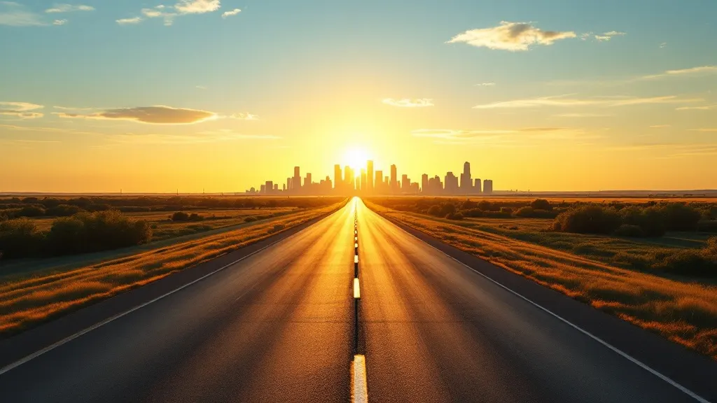 An open North Texas highway at golden hour heading toward a distant city skyline under a wide sky.