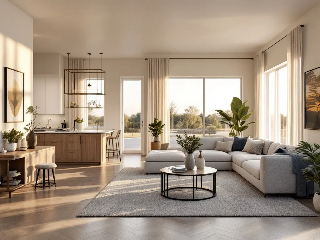A bright, freshly finished open-concept model-home interior in a new build.