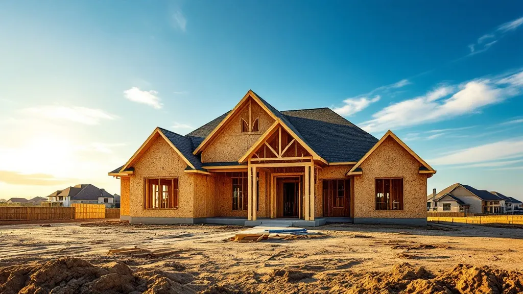 A new home under construction — fresh wood framing against a bright blue morning sky.