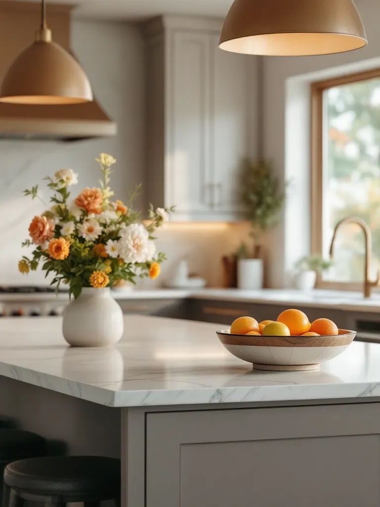 A styled kitchen island with a vase of flowers and a bowl of citrus under warm pendant light.