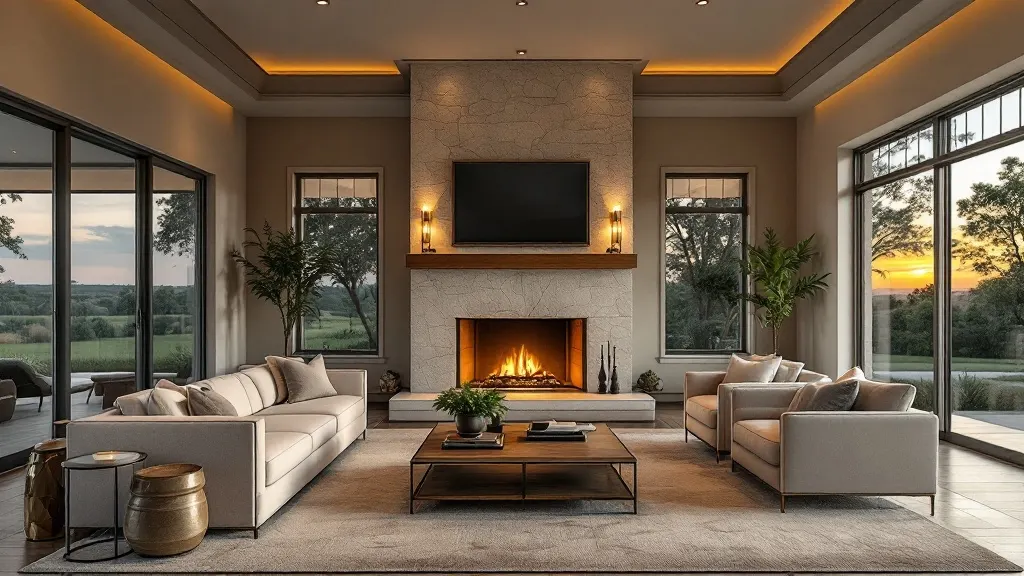 An elegantly staged living room with layered lamplight and a stone fireplace in warm evening light.