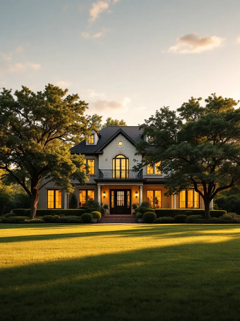 A stately established home with a deep lawn and mature shade trees in warm evening light.
