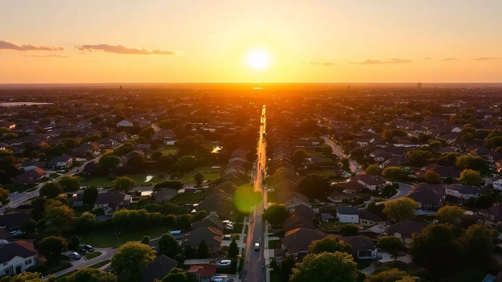 An aerial view over an established suburban neighborhood of rooftops and tree-lined streets at sunset.