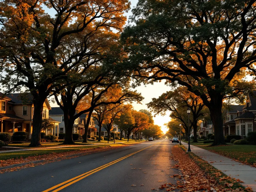 A quiet established neighborhood street lined with mature autumn trees at golden hour.