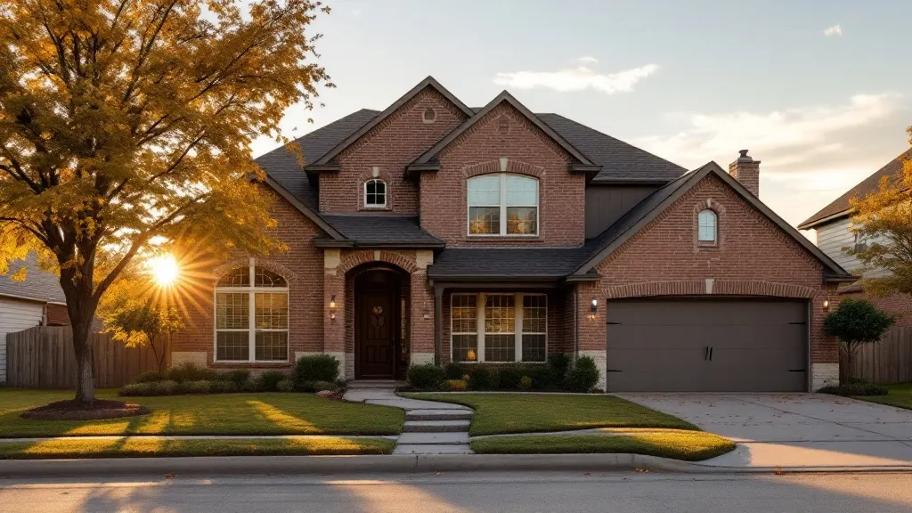 An inviting two-story brick home at golden hour in early autumn with a well-kept front lawn.