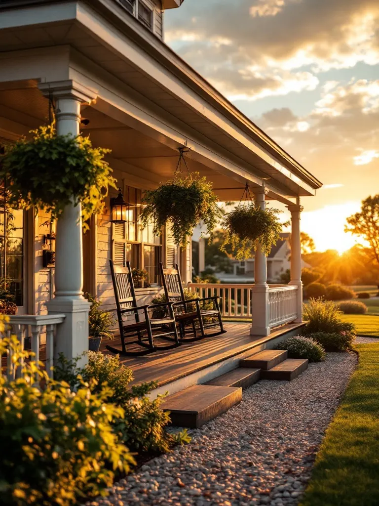 An inviting covered porch with rocking chairs and hanging ferns at golden hour.