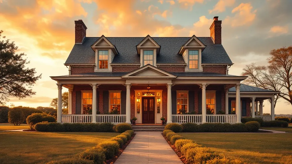 A handsome classic brick home with a wide covered porch in warm golden-hour light.