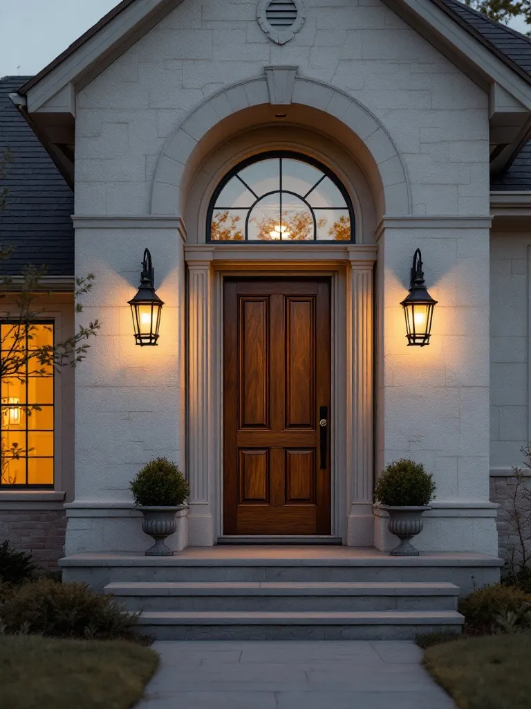 The front entry of a home — a wood door in a pale stone surround flanked by two lit lanterns at dusk.