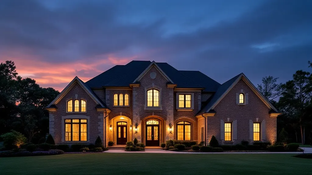 A stately brick-and-stone two-story home at blue-hour dusk with warm glowing windows.