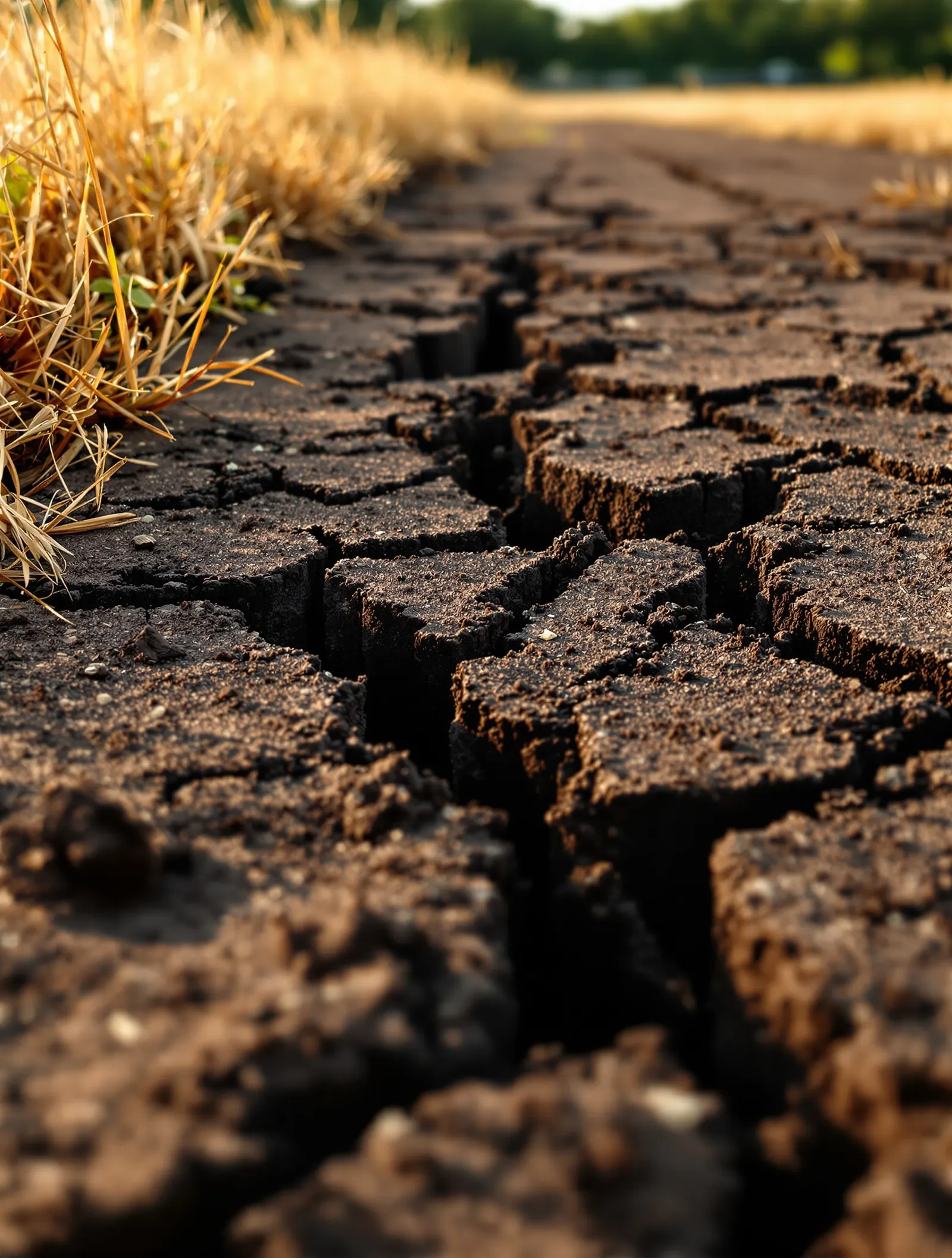 Dry, deeply cracked dark blackland clay at the edge of a Grayson County pasture, golden grass growing along the top of the frame.