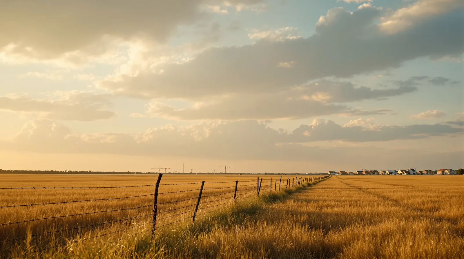 Open North Texas pasture and a barbed wire fence line at golden hour, with a thin band of new houses under construction along the far horizon.