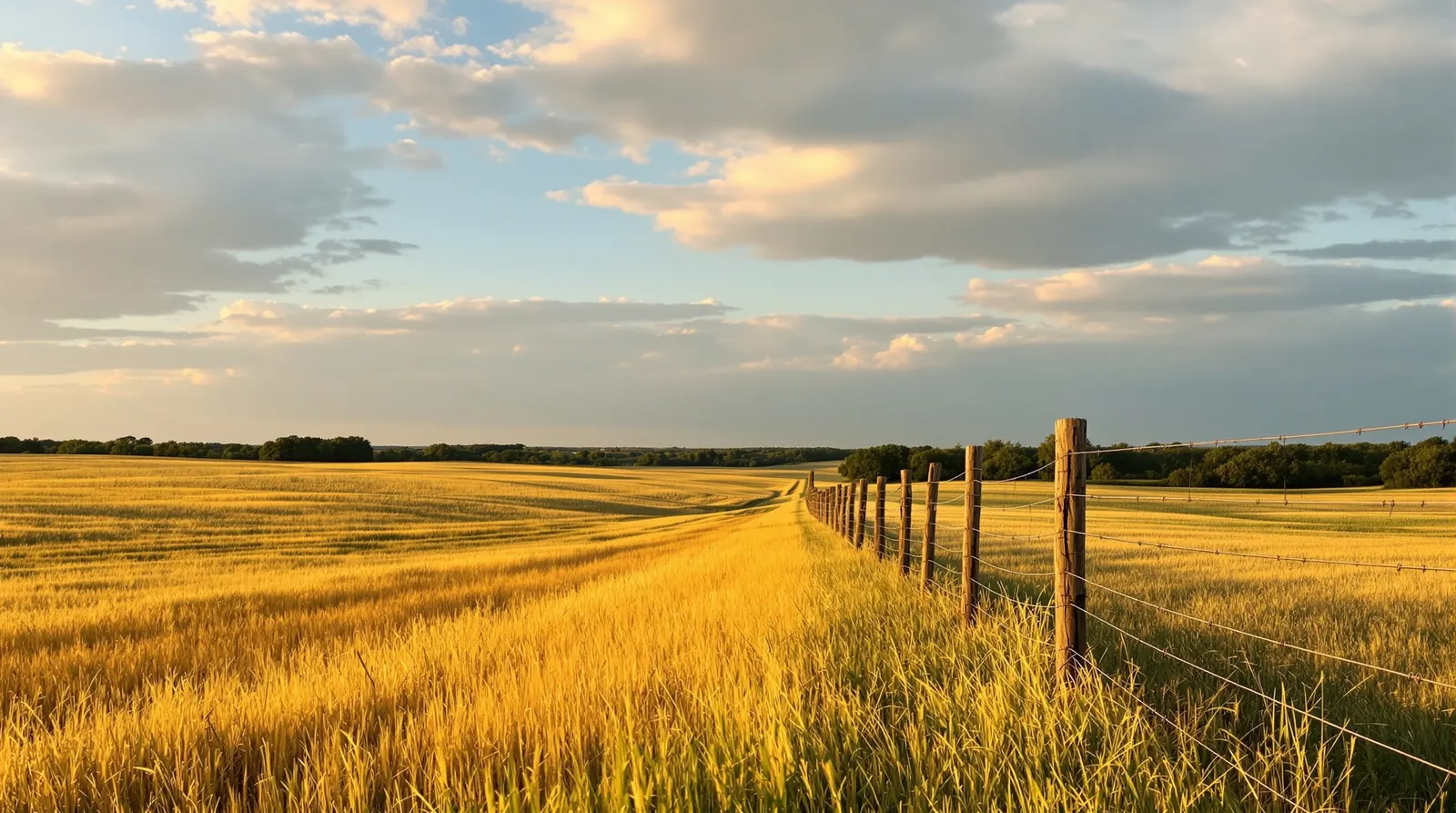 Open Grayson County pasture at golden hour, a wire fence line running back toward a low tree line under a wide North Texas sky.