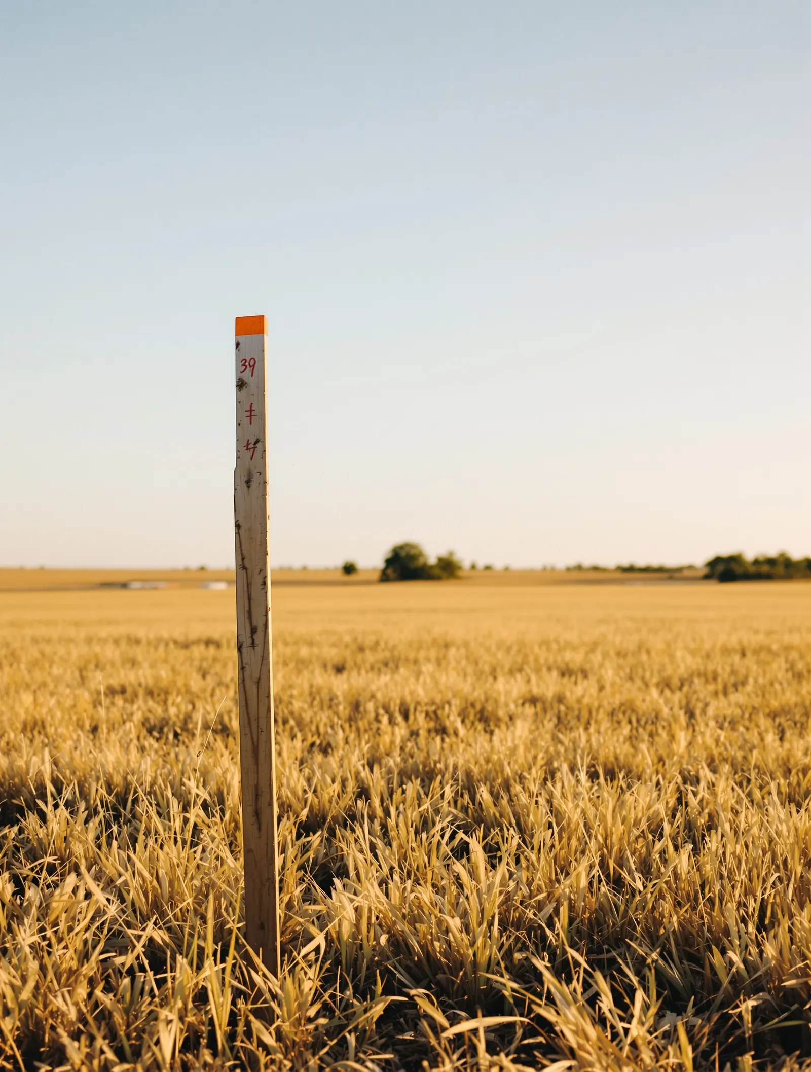 An empty, undeveloped Grayson County tract: open pasture grass running to a low tree line, with a single orange-tipped survey stake standing in the foreground.