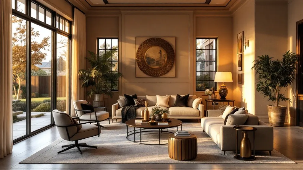 An estate living room at dusk, lit from within, photographed from the garden.