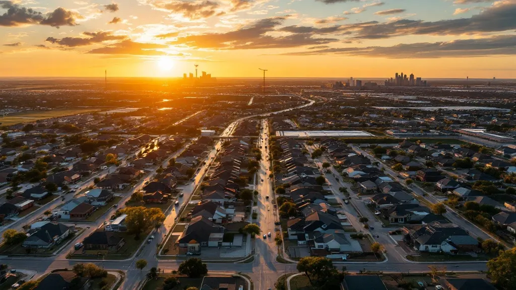 A golden-hour aerial over North Texas rooftops running toward a distant city skyline, the kind of growth corridor where investment deals get bought and sold.
