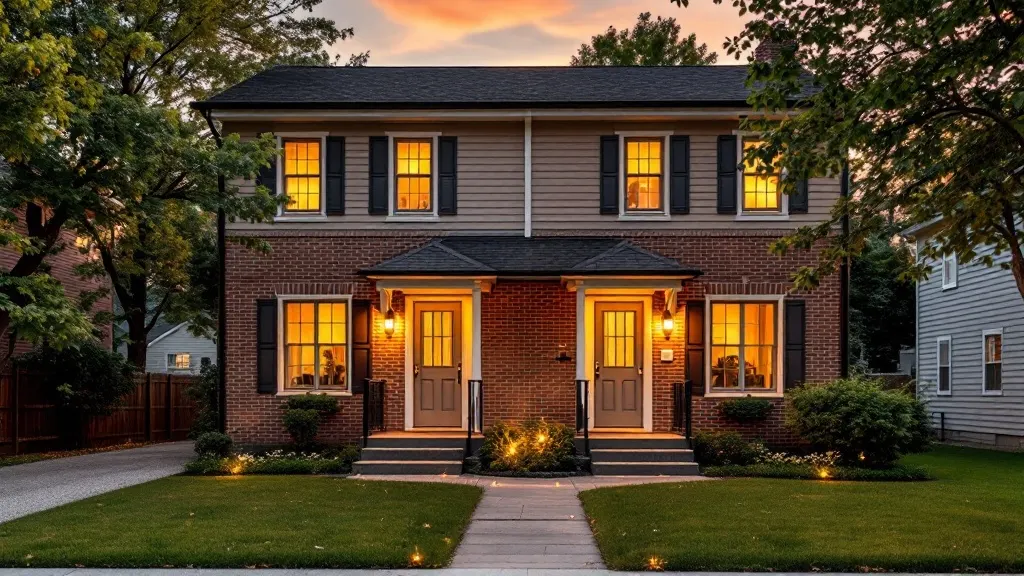 A classic two-unit duplex at golden-hour sunset, brick and warm siding with two symmetric lit entries and a tidy shared lawn, the kind of small rental property an investor buys.
