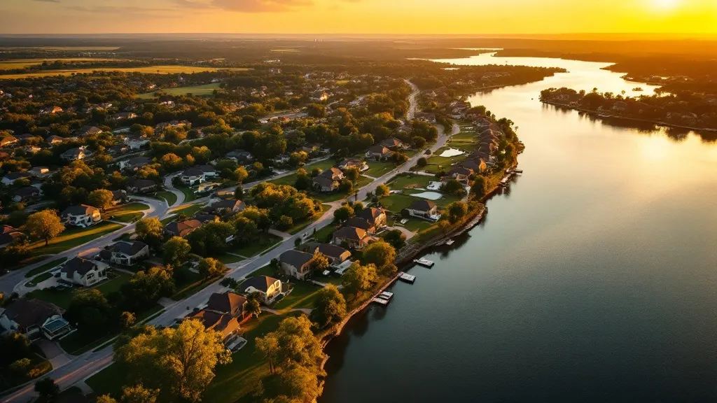 A high golden-hour aerial over an established lakeside golf-and-water community, tree-lined streets and homes with private docks meeting calm water by a small marina.