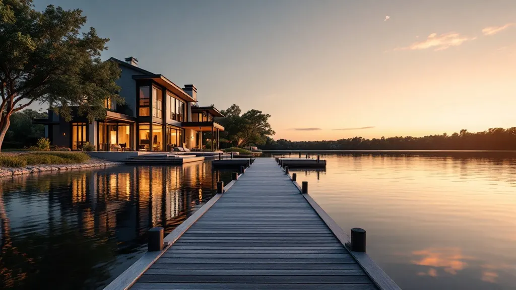 A lakefront home on a broad lawn sloping to the water.