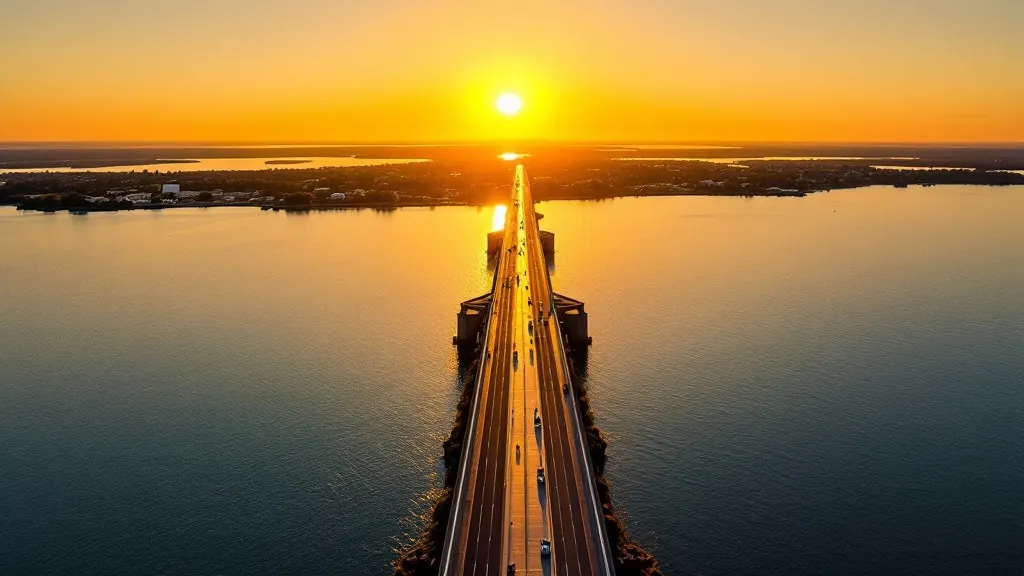A wide golden-hour view of the causeway bridge crossing Lake Ray Hubbard toward a small waterfront town, calm open water on both sides under an amber sky.