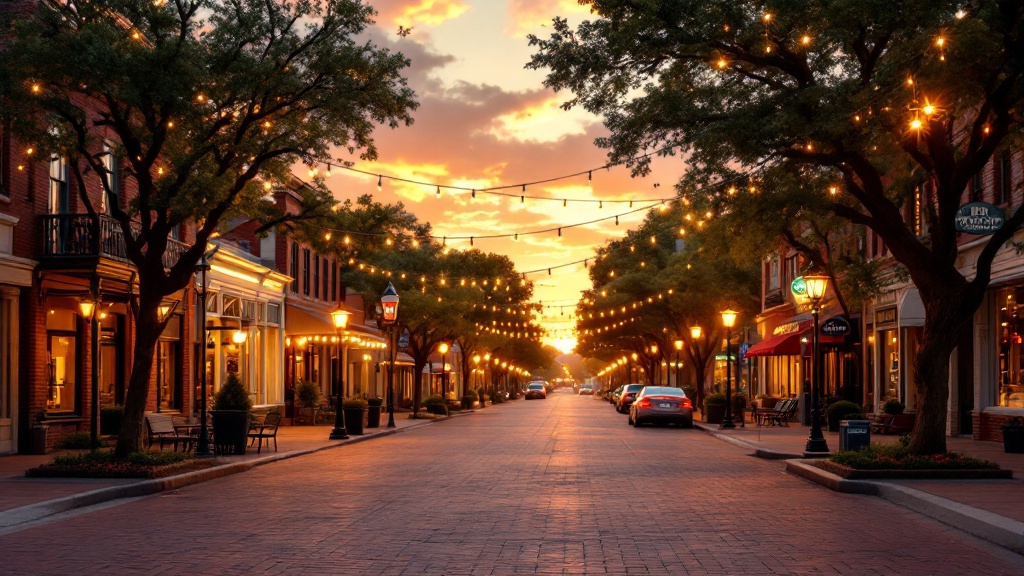 A historic Texas town square at golden hour, restored brick storefronts and string lights.
