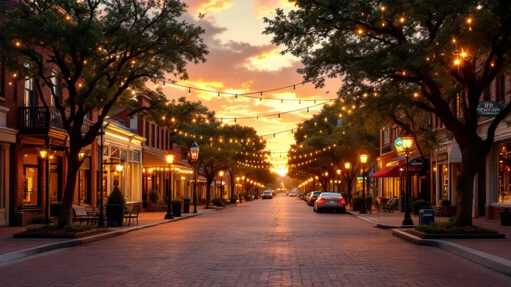 A North Texas town square at golden hour.