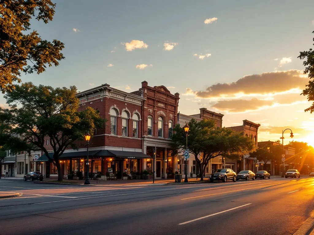 An established small-city Texas downtown at golden hour — early-1900s red-brick commercial buildings, wide sidewalks and vintage lampposts under mature shade trees.