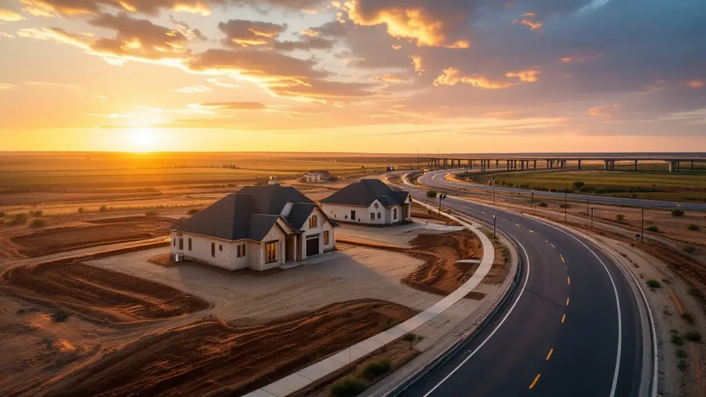 A new single-family home community rising along a North Texas interstate corridor at dusk, fresh homes beside graded lots and a new road, a highway overpass in the distance.