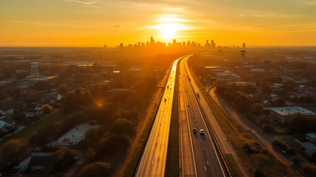 An aerial golden-hour view of a North Texas city along Interstate 30, the freeway sweeping toward a distant downtown skyline on the horizon, tree-lined neighborhoods and a water tower below.