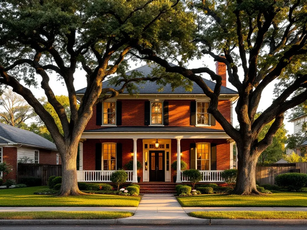 A handsome established red-brick Texas home with a covered porch on a mature tree-lined street at golden hour.