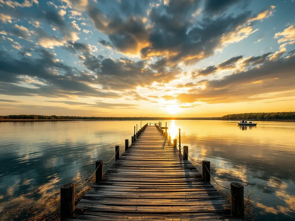 A wide open North Texas reservoir at golden hour, a long wooden fishing pier reaching into calm water and a boat drifting in the distance under a big sky.