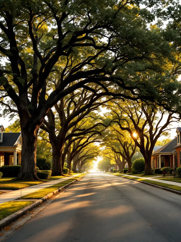 A quiet, established tree-lined residential street in a North Texas town at golden hour, big oaks arching over the road and older homes set back among them.
