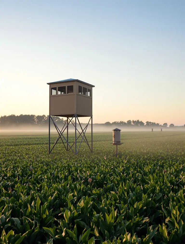 An elevated box blind and a spin-cast feeder over a green food plot on North Texas hunting land at dawn, more blinds standing in the misty distance.