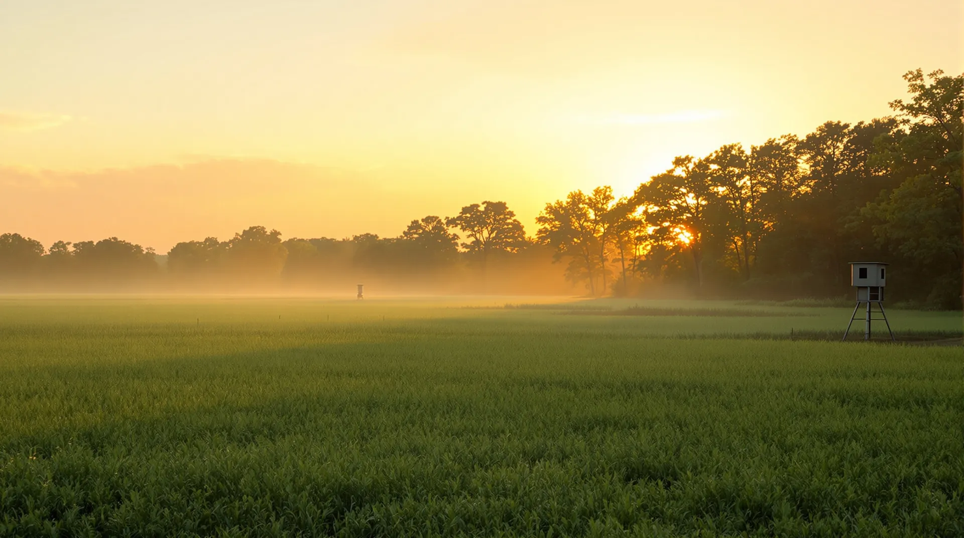 A green food plot on North Texas hunting land at sunrise, an elevated box blind and a game feeder at the edge of the timber, ground mist over the field.