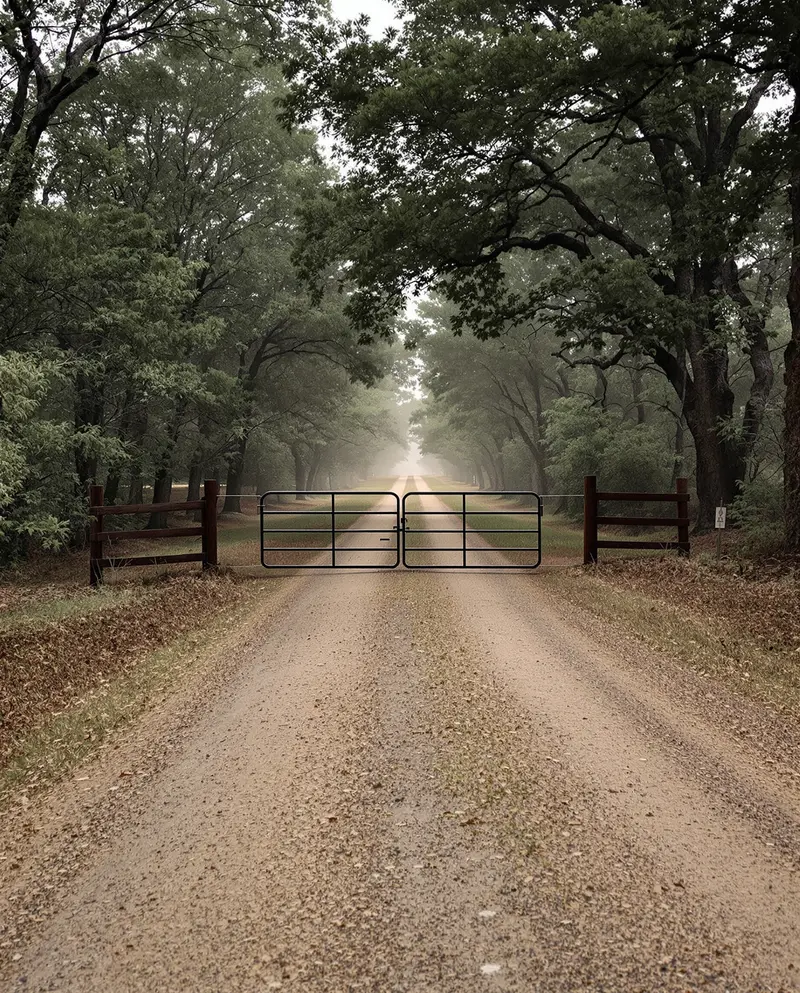 A closed metal gate across a gravel two-track running into a block of post oak timber on North Texas hunting land at first light.