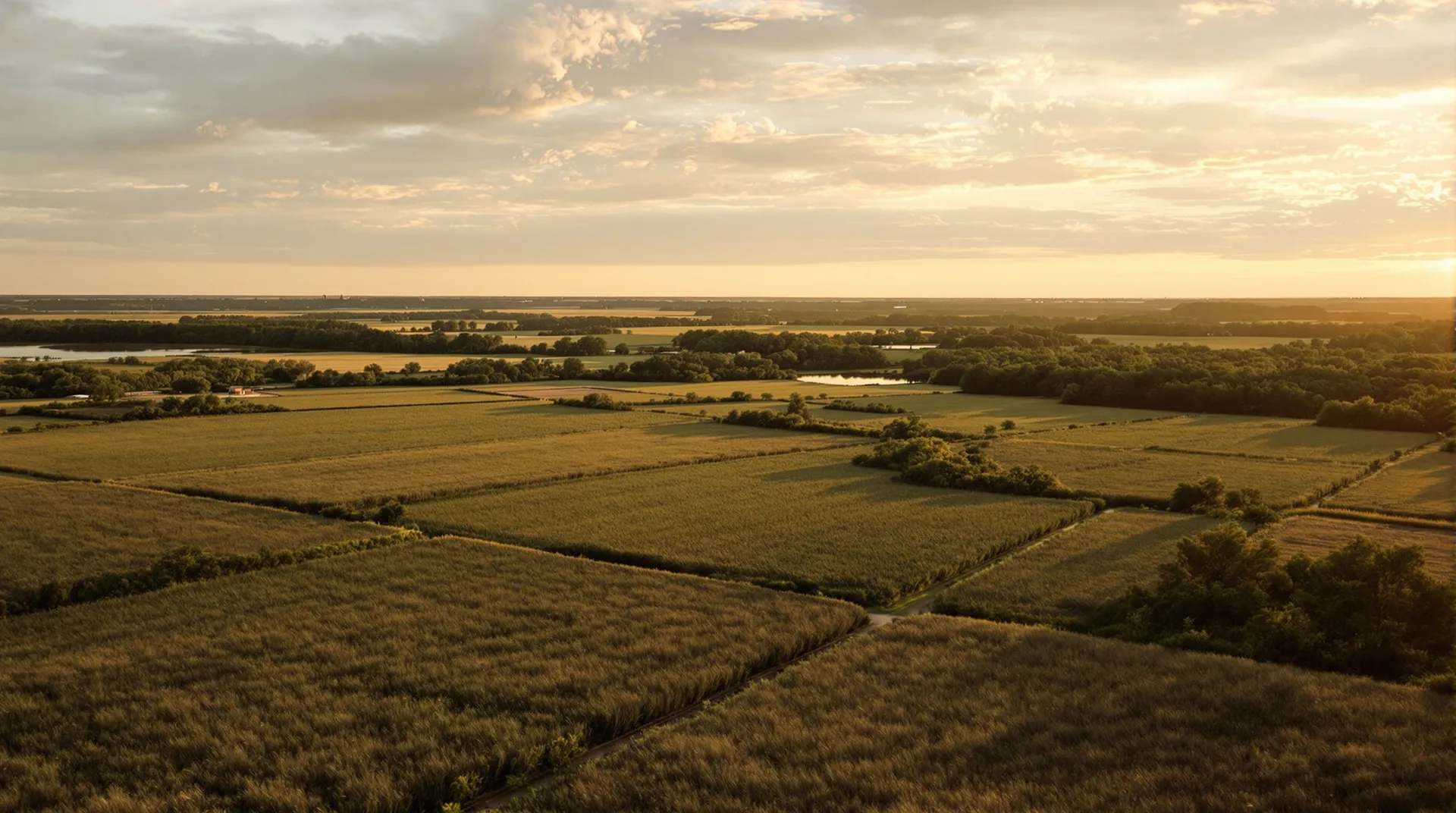An aerial view of North Texas hunting country at golden hour, a mosaic of native feed fields, blocks of post oak timber and scattered ponds rolling to the horizon.