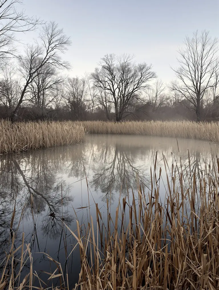 A still stock tank ringed by cattails and bare winter hardwoods on North Texas hunting land, the kind of water that holds ducks and deer.