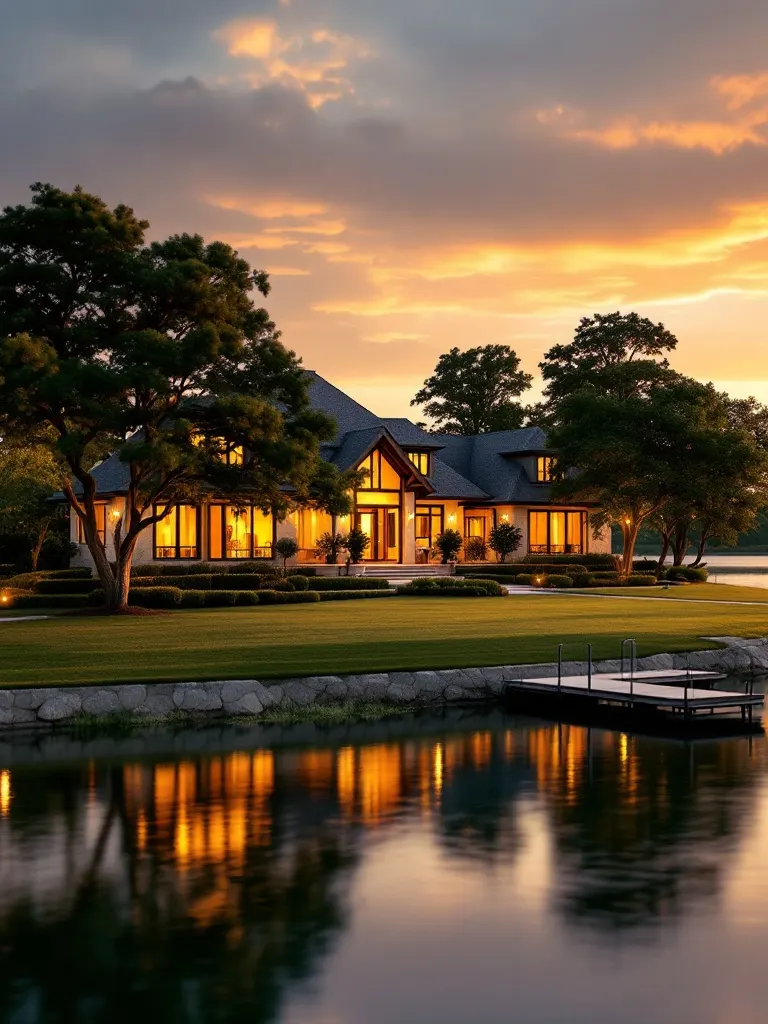 A single-story lake home lit from within at evening, set on a lawn above Lake Texoma's shoreline.