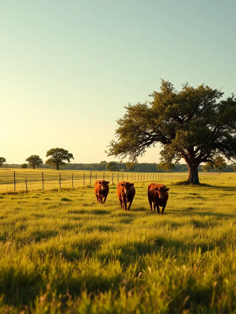 A few head of cattle grazing in a wide green North Texas pasture beside a wire fence and a live oak, under a clear sky at golden hour.