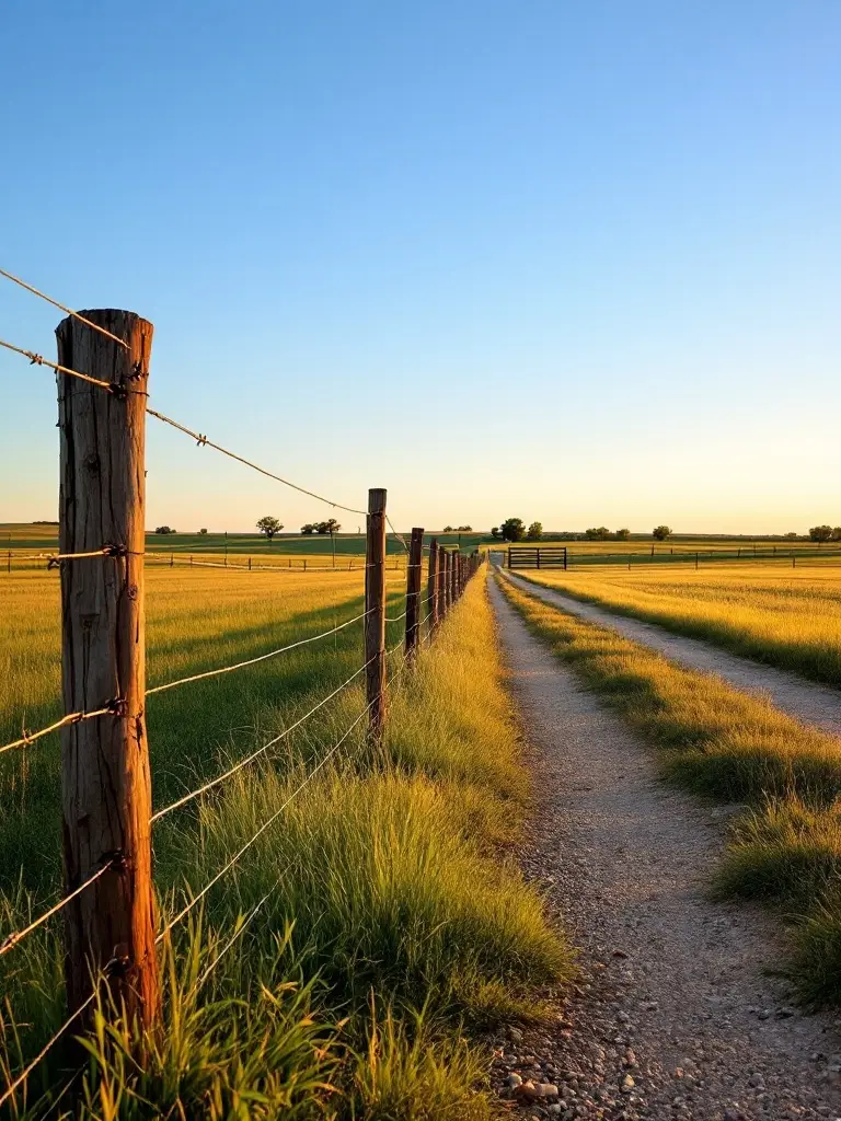 A wire ranch fence line beside a gravel drive running through green-and-gold North Texas pasture toward a distant gate under a clear blue sky.