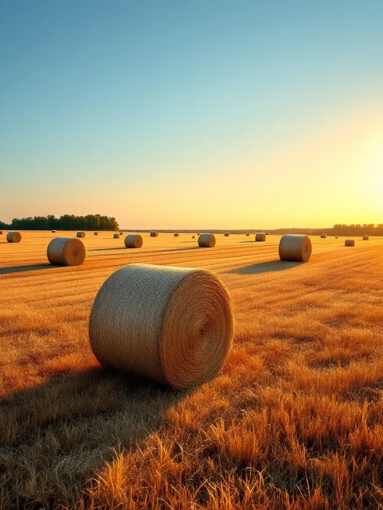 Large round hay bales scattered across a freshly cut North Texas hay field at golden hour, a treeline in the distance under a clear sky.