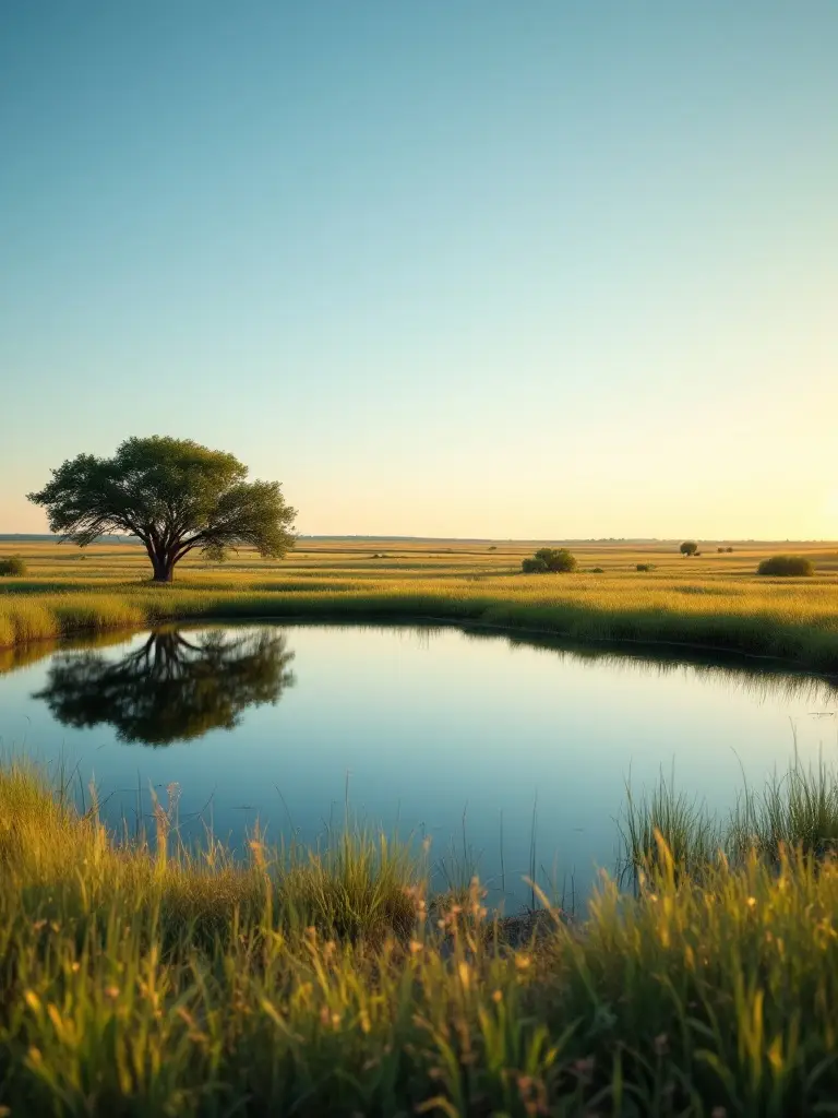 A calm stock pond on open North Texas ranch land, ringed by tall grass with a live oak reflected in the still water under a clear sky.