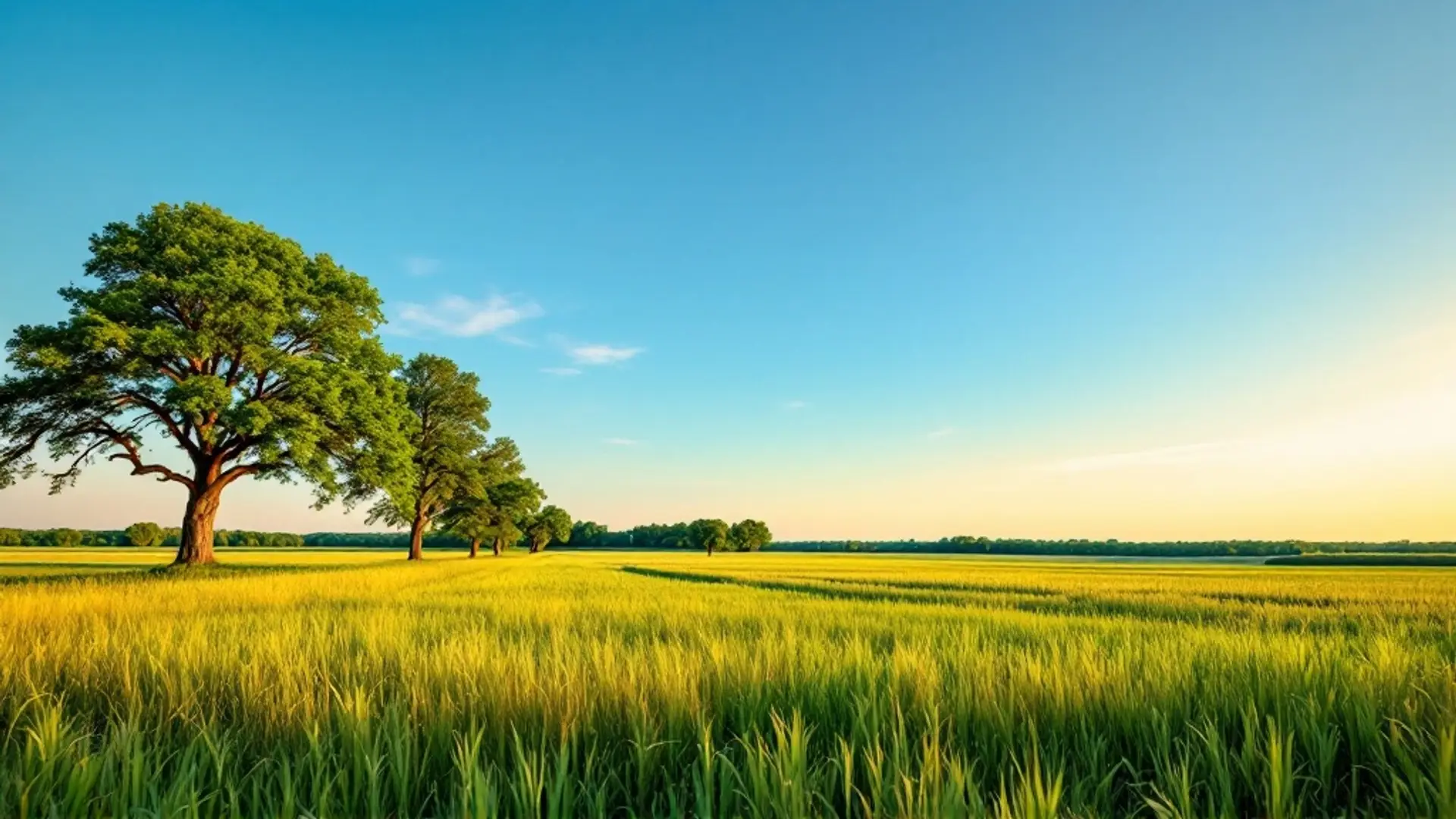 A wide green North Texas hay meadow under a clear sky, live oaks along one edge in warm late-afternoon light.